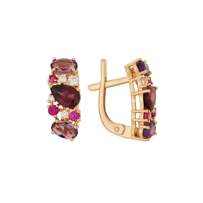 Серьги из золота 585 пробы c родолитами, аметистами, корундами и фианитами