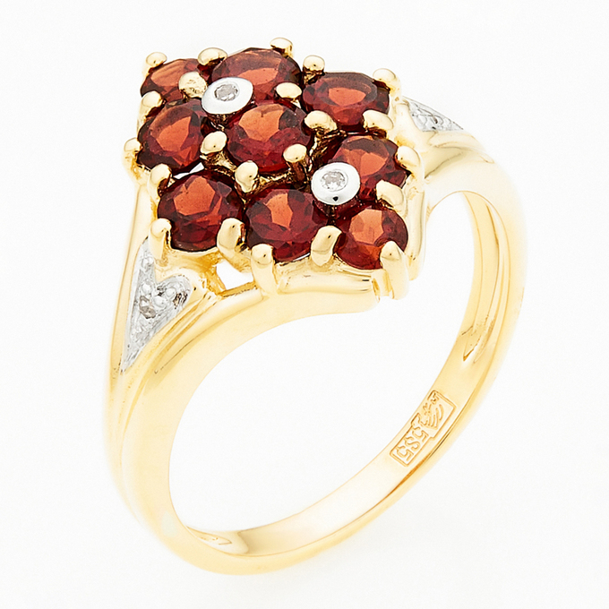 Кольцо из желтого золота 585 пробы c 4 бриллиантами и 9 гранатами