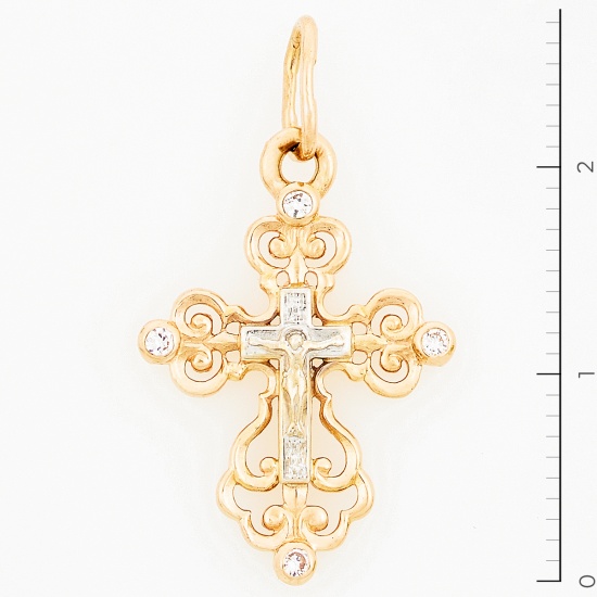 Крестик из комбинированного золота 585 пробы c фианитами