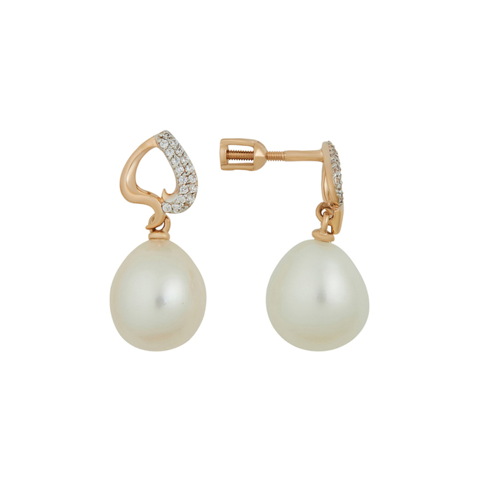 Серьги из золота 585 пробы c фианитами и культивированным жемчугом