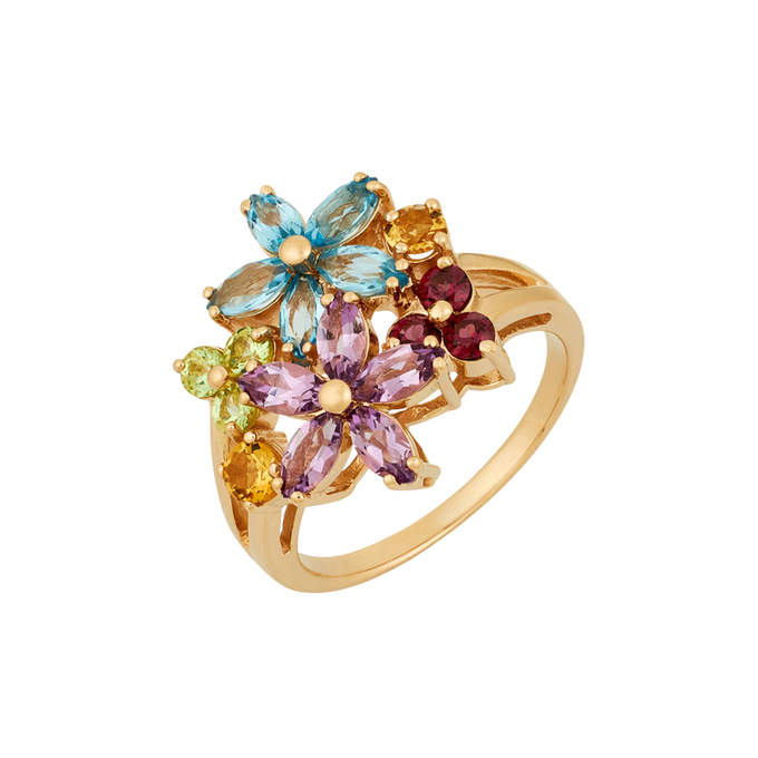 Кольцо из золота 585 пробы c топазами, аметистами, цитринами, хризолитами и родолитами