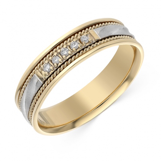 Кольцо обручальное из комбинированного золота 585 пробы c 5 бриллиантами 054226 фото 1