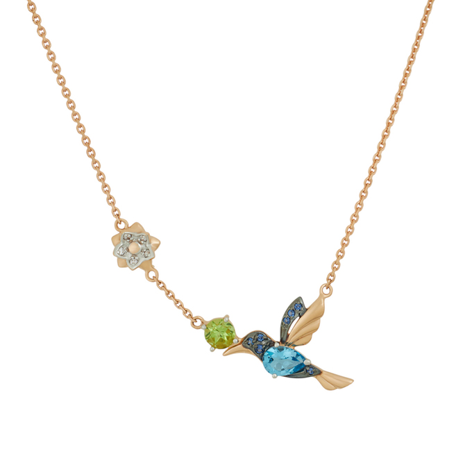 Колье из золота 585 пробы c топазом, хризолитом и синтетическими камнями