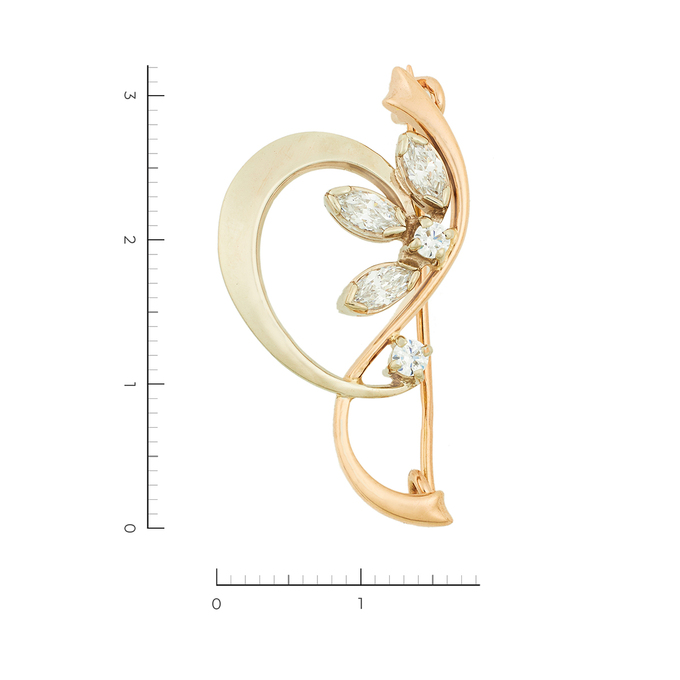 Брошь из комбинированного золота 585 пробы c фианитами