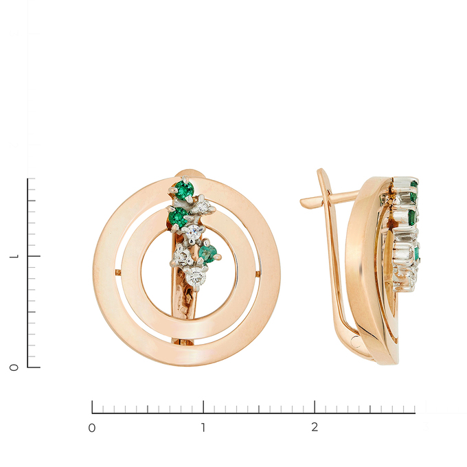 Серьги из красного золота 585 пробы c 8 бриллиантами и 2 изумрудами и 4 камнями синтетическими, Л 2809 1252 за 45000