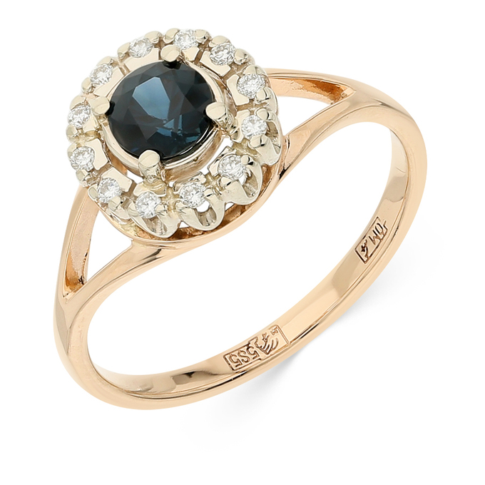 Кольцо из комбинированного золота 585 пробы c 12 бриллиантами и 1 сапфиром