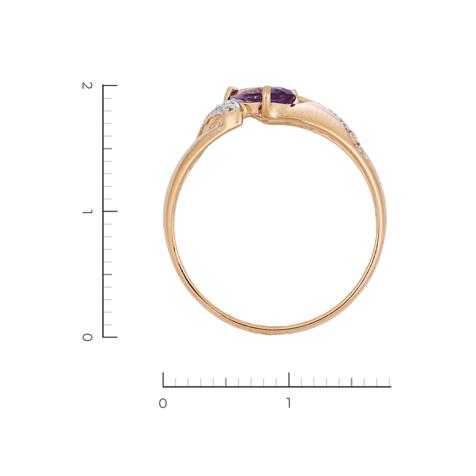 Кольцо из красного золота 585 пробы c 17 фианитами и 1 аметистом