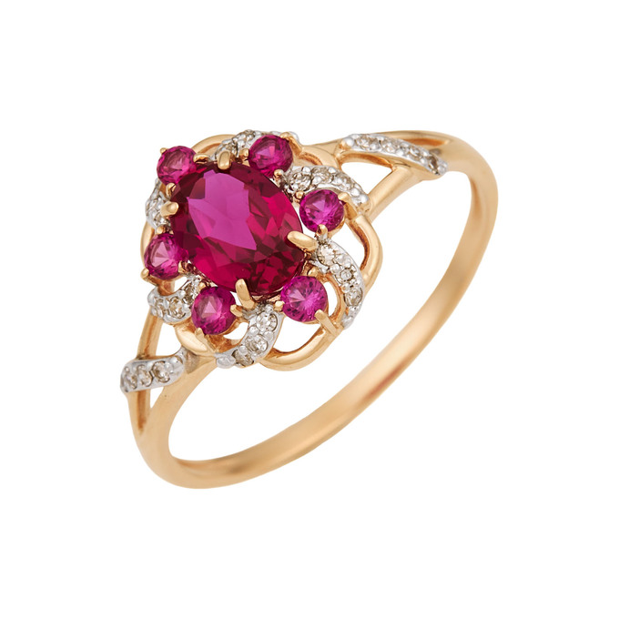 Кольцо из золота 585 пробы c бриллиантами и синтетическими рубинами, Л 6002 5939 за 24800