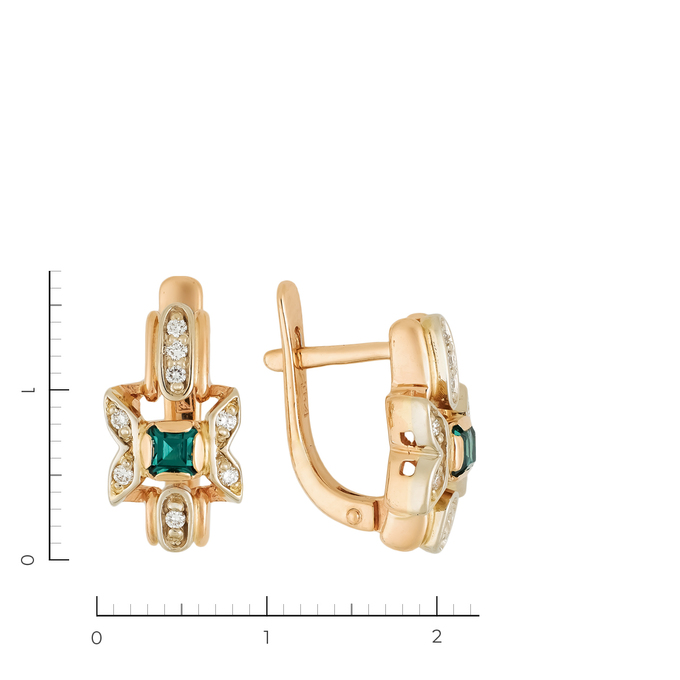 Серьги из золота 585 пробы c 16 бриллиантами и 2 синт. изумрудами, Л 0616 1595 за 55120