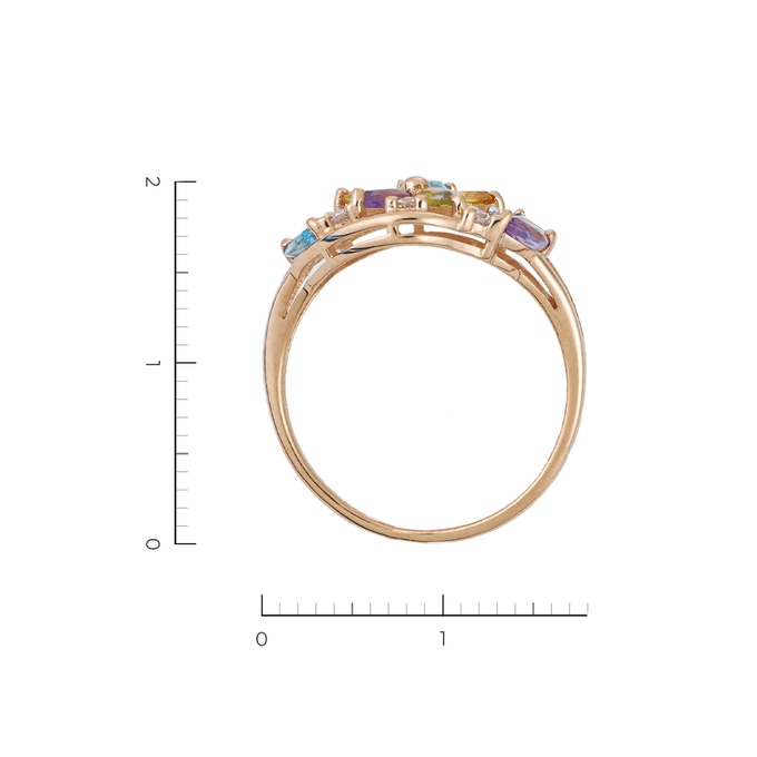 Кольцо из красного золота 585 пробы c 2 аметистами и 3 топазами и 2 хризолитами и 2 цитринами и 7 фианитами, Л 1115 4692 за 15120