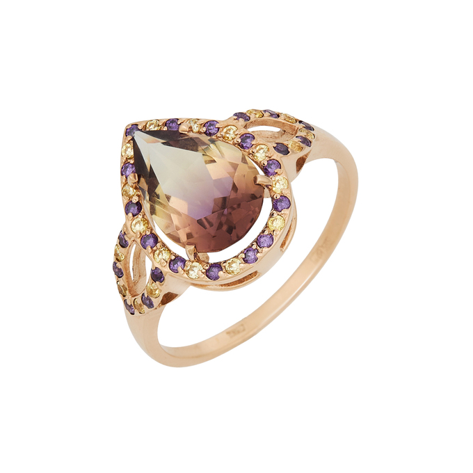 Кольцо из золота 585 пробы c аметрином, цитринами и аметистами