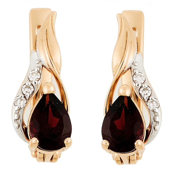 Серьги из комбинированного золота 585 пробы c 6 бриллиантами и 2 гранатами