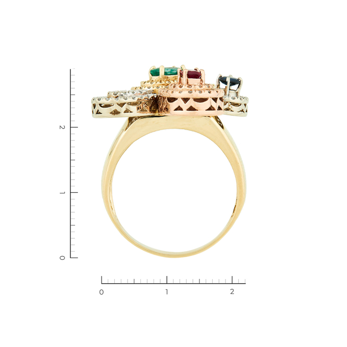 Кольцо из комбинированного золота 585 пробы c 129 бриллиантами и 1 изумрудом и 1 рубином и 1 сапфиром