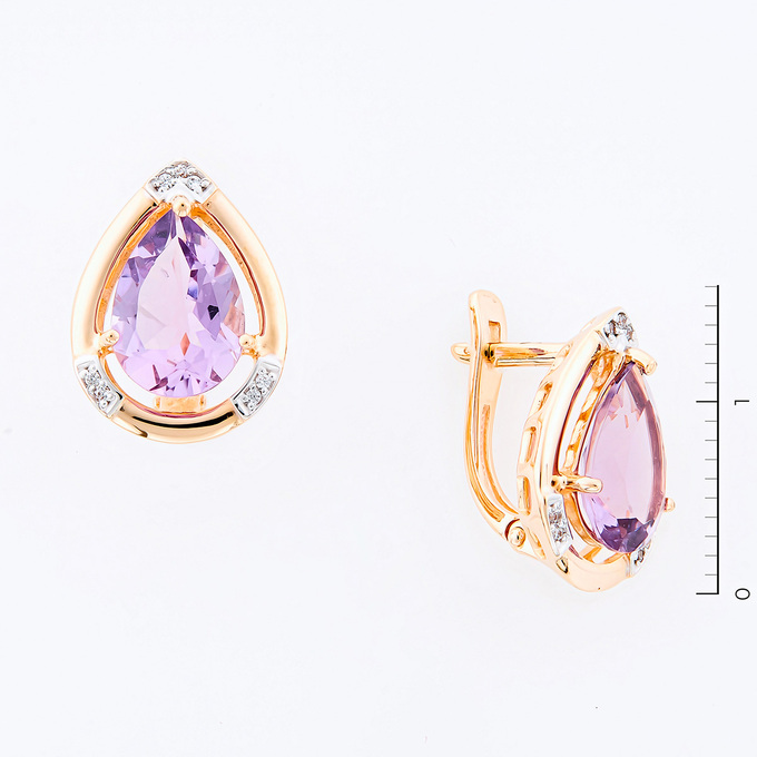 Серьги из золота 585 пробы c фианитами и 2 аметистами