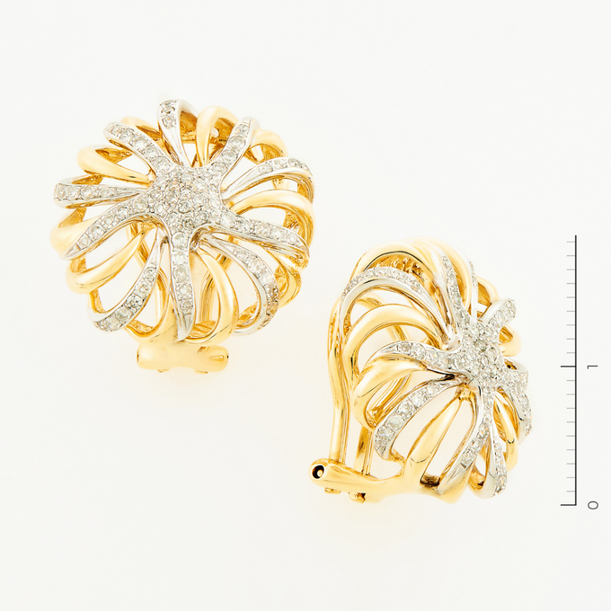 Серьги из комбинированного золота 585 пробы c 140 бриллиантами