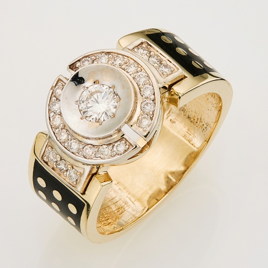 Кольцо печатка из комбинированного золота 585 пробы c 23 бриллиантами и эмалями, 134797 за 44 370 ₽