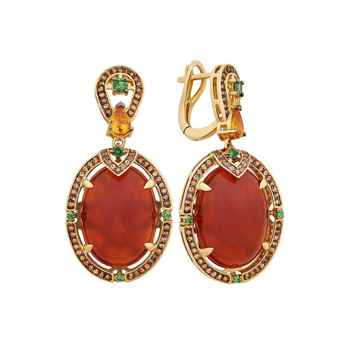 Серьги из золота 585 пробы c сердоликами, сапфирами и тсаворитами