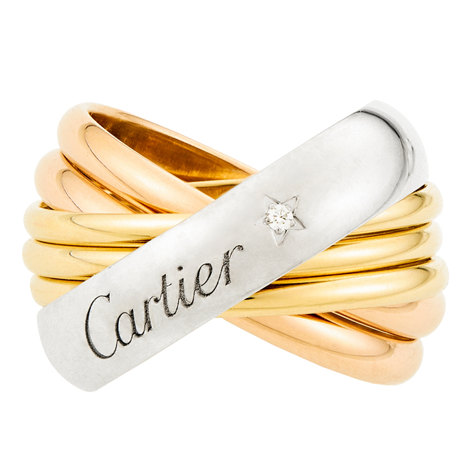 Кольцо Cartier золото, 750, 4 к.,14,02 гр. (чистый вес 14,02 гр.) Cartier Trinity Six Band Diamond Tri-Color Gold Band Ring,  пт/м; Бриллиант Кр57 3/3