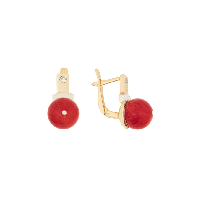 Серьга из золота 750 пробы c 1 бриллиантом и 1 кораллом