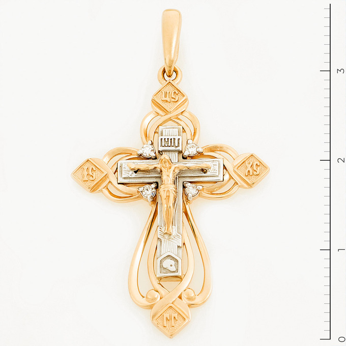 Крестик из комбинированного золота 585 пробы c 4 бриллиантами
