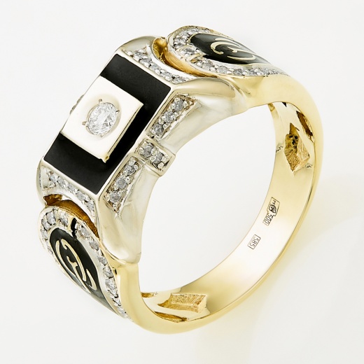 Кольцо печатка из комбинированного золота 500 пробы c 79 бриллиантами и эмалями Л09097475 фото 1