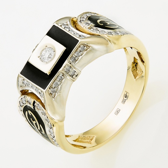 Кольцо печатка из комбинированного золота 500 пробы c 79 бриллиантами и эмалями
