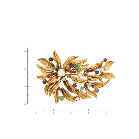 Брошь из желтого золота 585 пробы c 4 опалами и 5 шпинелями и 6 сапфирами и 4 хризолитами и 2 бирюзой, Л28102856 за 78200