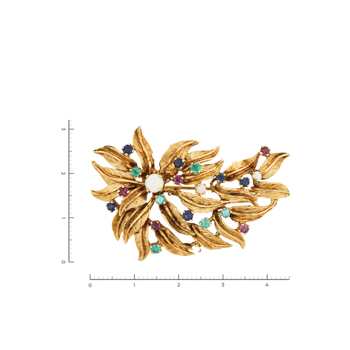 Брошь из желтого золота 585 пробы c 4 опалами и 5 шпинелями и 6 сапфирами и 4 хризолитами и 2 бирюзой, Л 2810 2856 за 78200