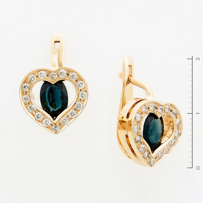 Серьги из золота 585 пробы c 2 сапфирами и 32 бриллиантами