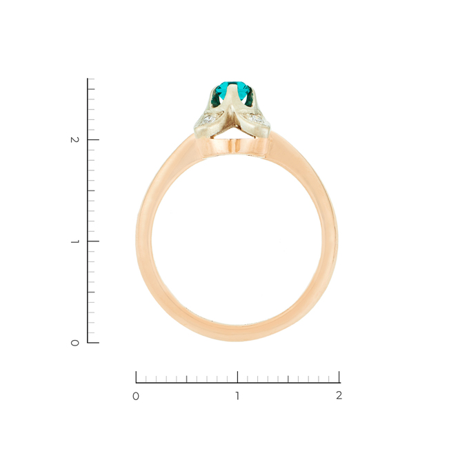 Кольцо из комбинированного золота 585 пробы c 1 синт. изумрудом и 4 бриллиантами