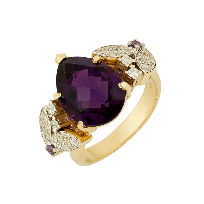 Кольцо из золота 585 пробы c аметистом, бриллиантами и синтетическими камнями, Л 2412 2177 за 82900