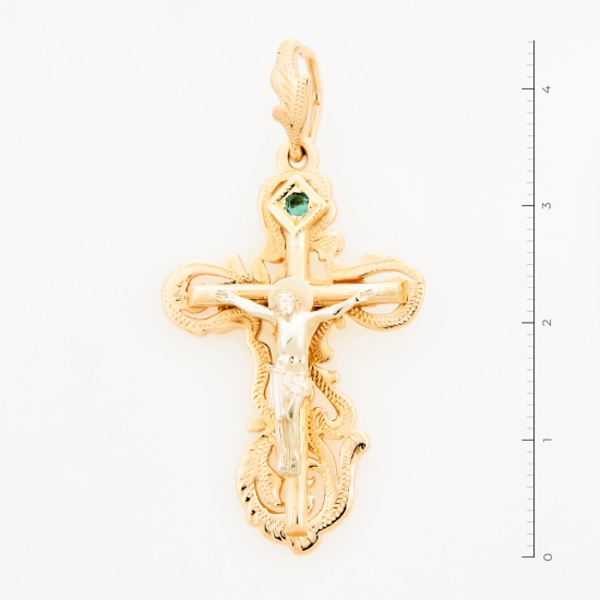 Крестик из комбинированного золота 585 пробы c 1 камнем синтетическим