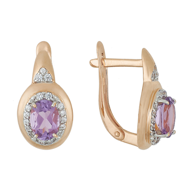 Серьги из красного золота 585 пробы c 2 аметистами и 34 фианитами