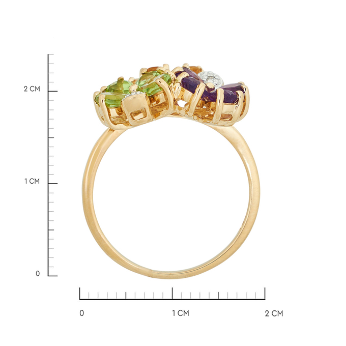 Кольцо из золота 585 пробы c 4 хризолитами и 4 цитринами и 4 аметистами и 3 бриллиантами, Л 5207 6180 за 34800