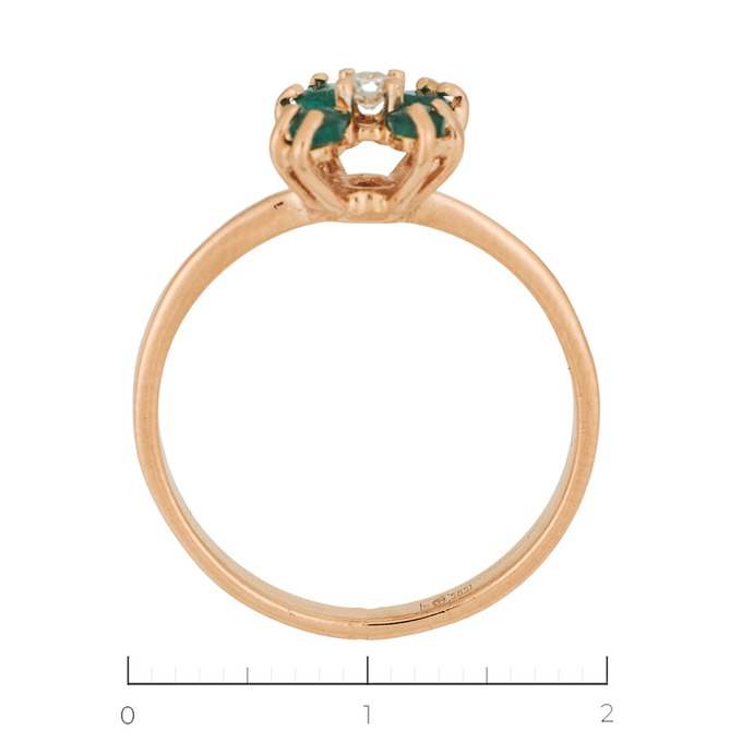 Кольцо из золота 585 пробы c 1 бриллиантом и 4 изумрудами