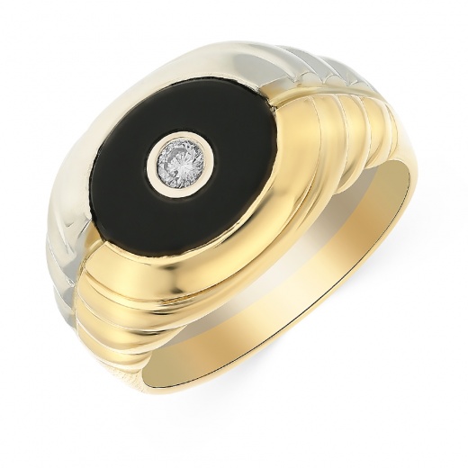 Кольцо из комбинированного золота 750 пробы c 1 бриллиантом и 1 ониксом 058247 фото 1