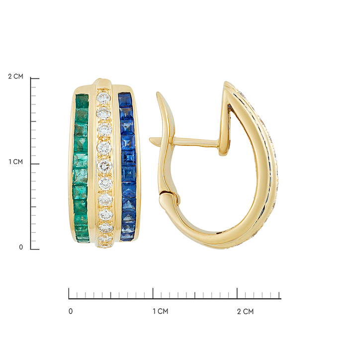 Серьги из золота 585 пробы c сапфирами, изумрудами и бриллиантами