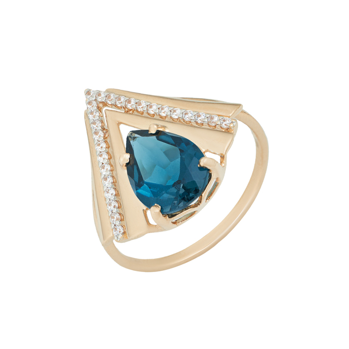 Кольцо из золота 585 пробы c топазом Лондон и фианитами
