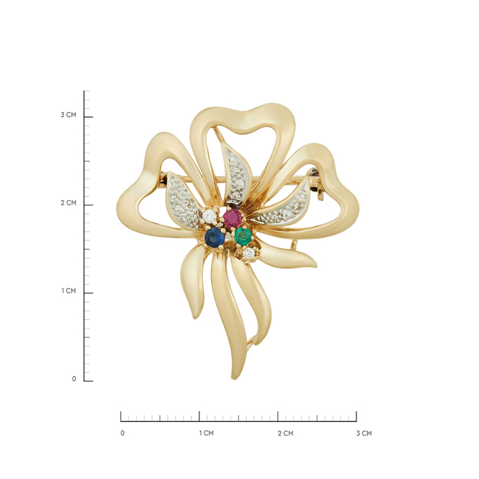 Брошь из золота 585 пробы c сапфиром, рубином, изумрудом и бриллиантами, Л 2904 4979 за 53200
