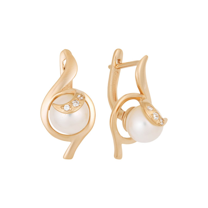 Серьги из золота 585 пробы c культивированным жемчугом и фианитами, Л 2202 4715 за 55400