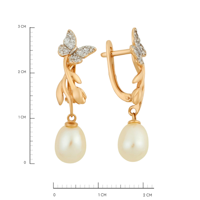 Серьги из золота 585 пробы с фианитами и культивированным жемчугом