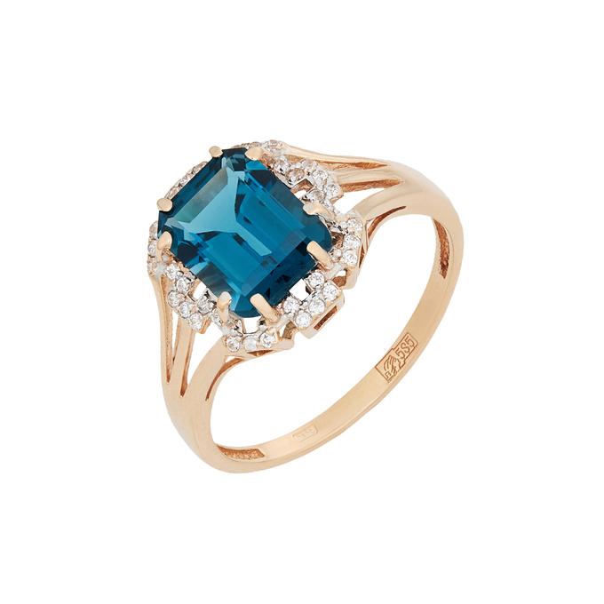 Кольцо из золота 585 пробы c топазом Лондон и фианитами