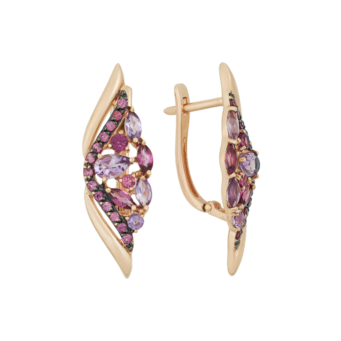 Серьги из золота 585 пробы c аметистами и родолитами