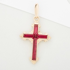 Крестик из красного золота 585 пробы c корундами