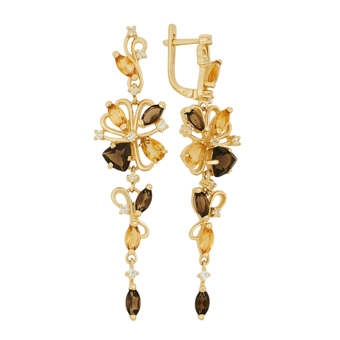 Серьги из золота 585 пробы c раухтопазами, цитринами и фианитами