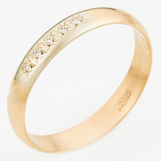 Кольцо обручальное из комбинированного золота 585 пробы c 5 бриллиантами