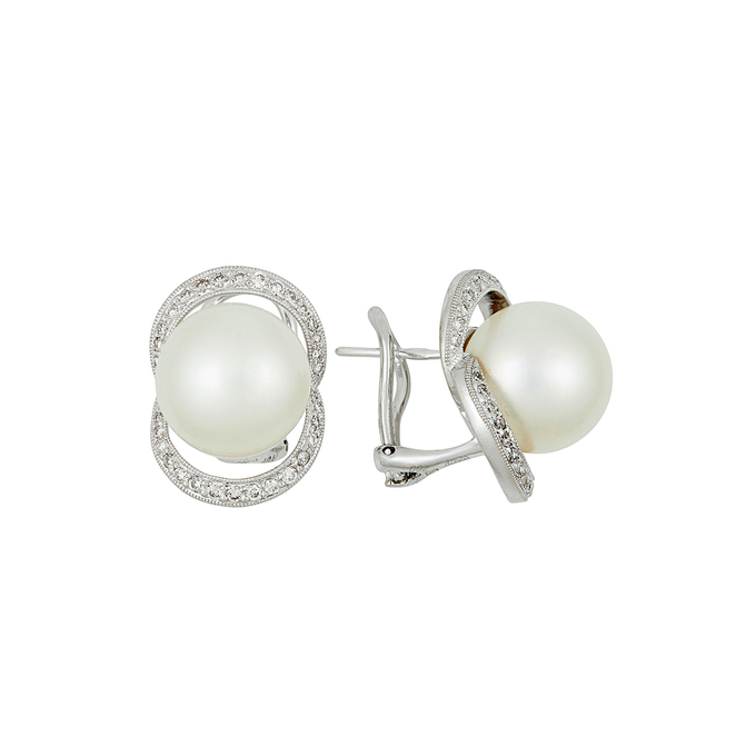 Серьги из золота 750 пробы c бриллиантами и культивированным жемчугом