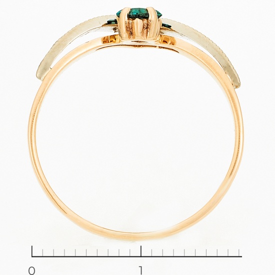 Кольцо из комбинированного золота 585 пробы c 3 бриллиантами и 1 синт. изумрудом, Л28079660 за 14100