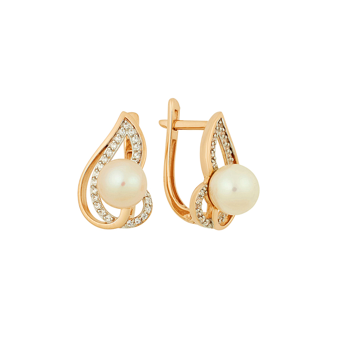 Серьги из золота 585 пробы c фианитами и культивированным жемчугом