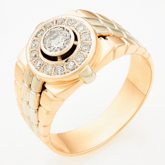 Кольцо печатка из комбинированного золота 585 пробы c 15 бриллиантами, Л20077249 за 140 400 ₽